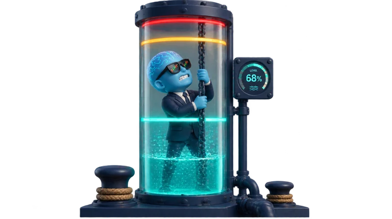 The AI Mentor mascot beside a huge margin gauge split into a used segment and a free segment, a warning needle creeping toward the red line