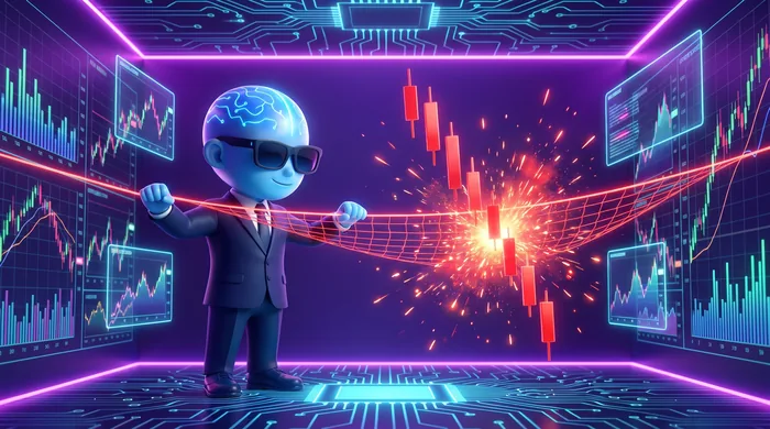 The AI Mentor mascot stretching a glowing red safety line beneath a falling candlestick chart, catching it before it drops further
