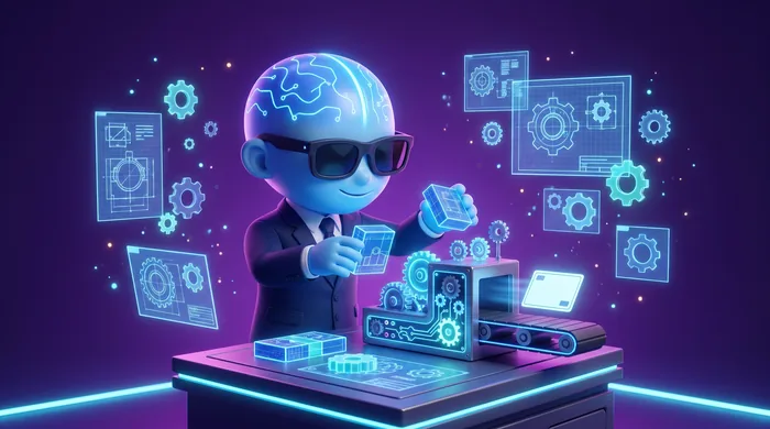 The AI Mentor mascot assembling glowing blueprint blocks into a small machine that outputs a clean rule card