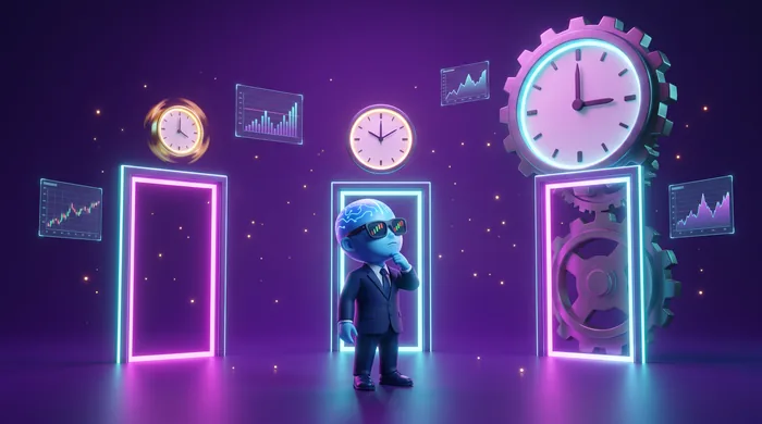 The AI Mentor mascot at a fork of three glowing doorways, each with a different clock above it — one tiny and fast, one medium, one huge and slow