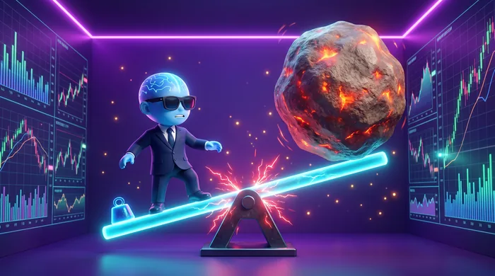 The AI Mentor mascot balancing on a huge glowing lever that lifts an enormous boulder with a tiny weight, red sparks at the fulcrum