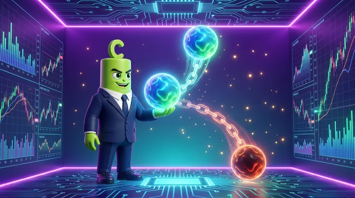 The green Call mascot holding two glowing currency orbs linked by a chain of light rising together while a third sinks the other way