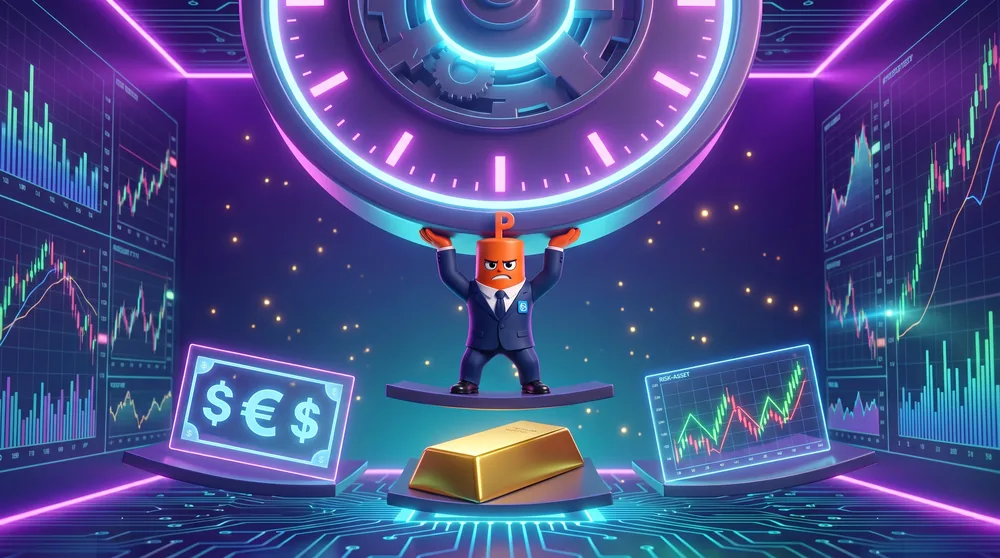 a dial rising while three platforms sag beneath it