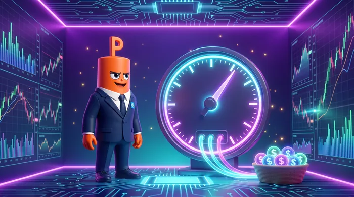 The orange Put mascot beside a huge glowing circular dial fed by streams of light from a basket of six currency orbs