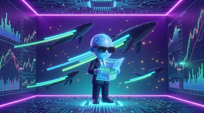 The AI Mentor mascot reading a glowing report while enormous whale silhouettes swim behind him, each trailing bars of light