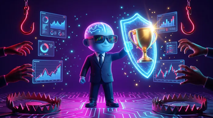 The AI Mentor mascot raising a glowing shield in front of a golden funded-account trophy while red hooks and traps glow around the frame