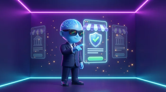 The AI Mentor mascot comparing three floating holographic broker cards, one bearing a bright glowing shield seal and a green tick