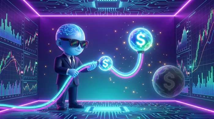 The AI Mentor mascot plugging a bright cable of light directly between two currency orbs, bypassing a larger dimmed dollar orb to the side