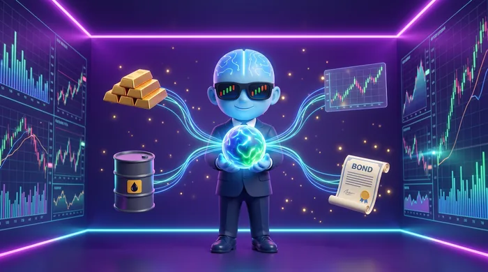 The AI Mentor mascot at the centre of a web of glowing threads linking a gold bar, an oil barrel, a bond certificate and a stock chart to a currency orb