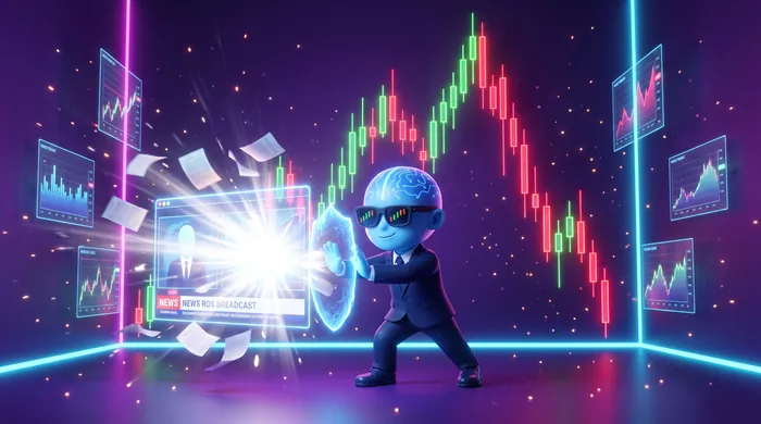 The AI Mentor mascot bracing behind a small shield against a blast of light and paper from a glowing news panel, the chart behind him spiking violently