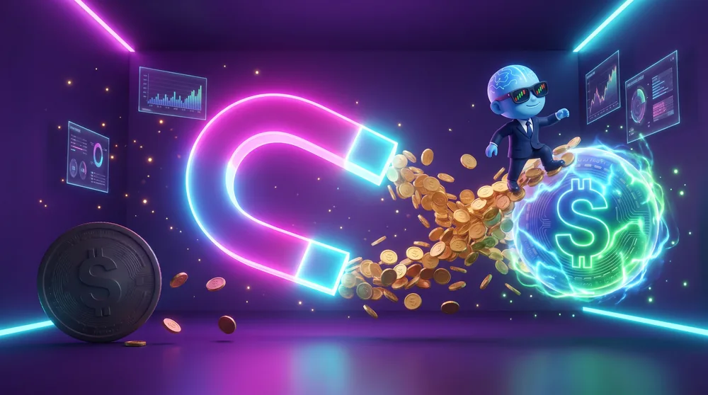 a rate-lever magnet pulling a stream of coins toward one orb