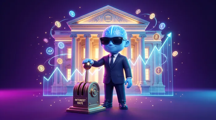 The AI Mentor mascot before a giant glowing central-bank building, one hand on a huge interest-rate lever, currency orbs orbiting the columns