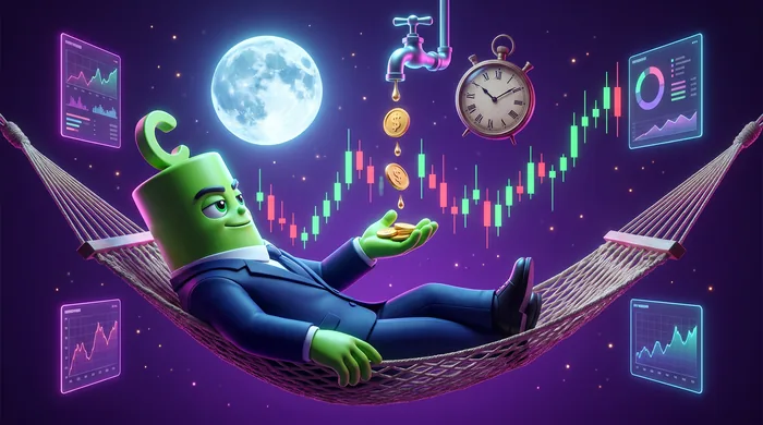 The green Call mascot relaxing in a hammock at night while golden coins drip from a glowing tap into his hand, a moon and a clock behind him
